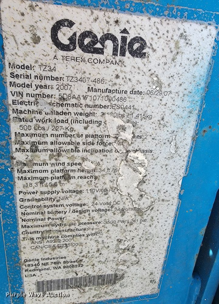 image for item JL9349 2007 Genie TZ-34-20  boom lift