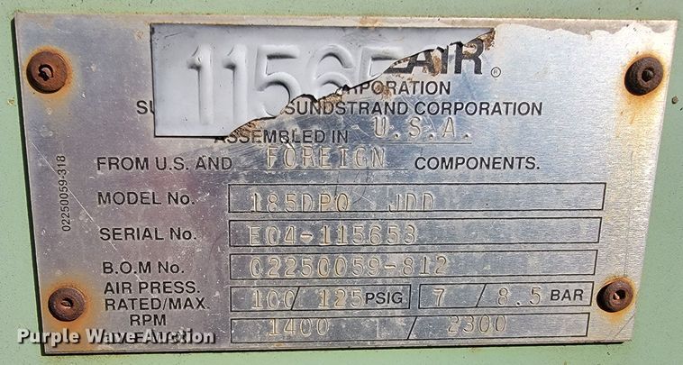 image for item JL9355 Sullair 185DPQ-JDD  air compressor