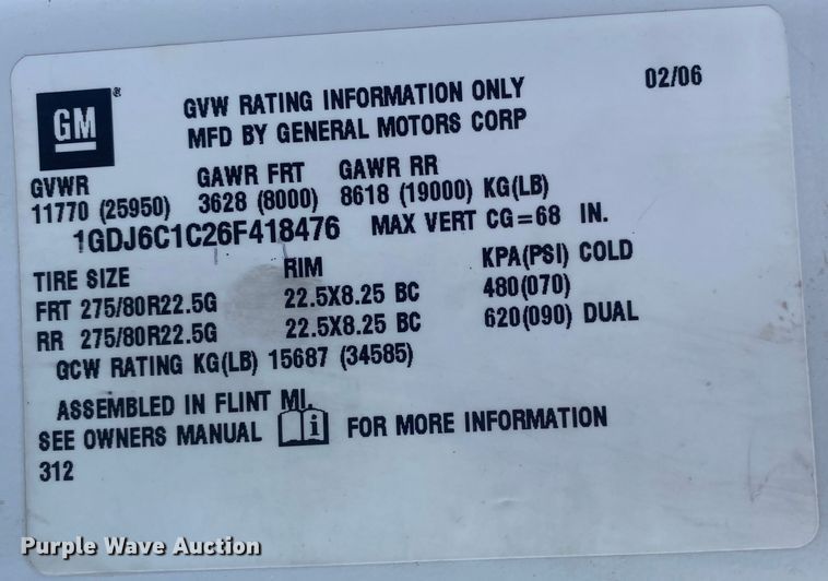 image for item KB9567 2006 GMC C6500  utility / service truck