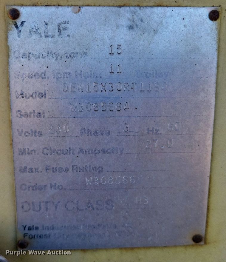 image for item KD9300 Yale DEW15X30RT11S4  overhead crane