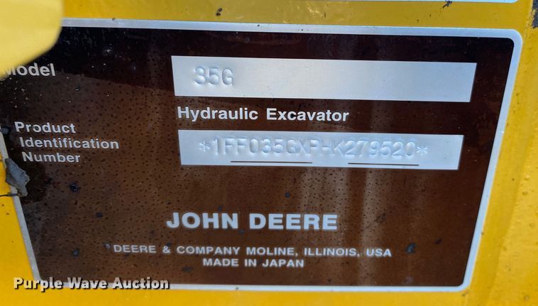 image for item KW9009 2017 John Deere 35G  mini excavator