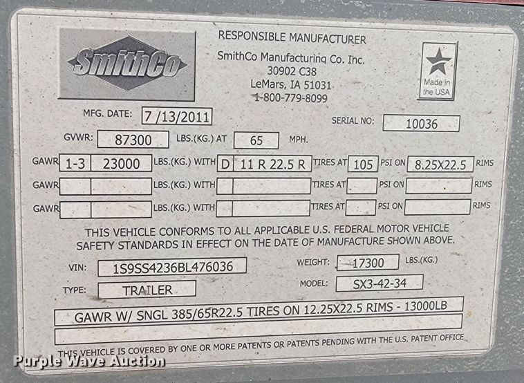 image for item ME9780 2011 Smith Co  side dump trailer