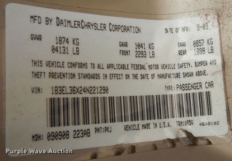 image for item DK7662 2004 Dodge Stratus SE