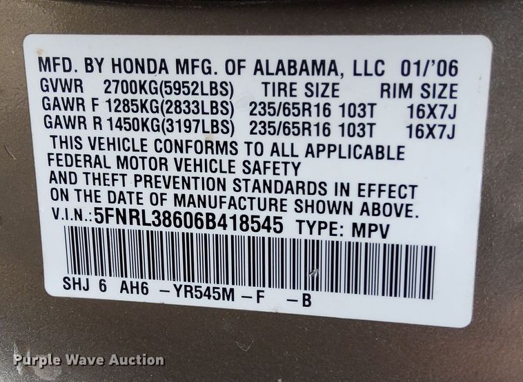 image for item DO3597 2006 Honda Odyssey  van