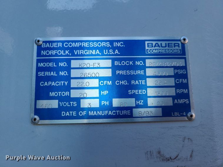 image for item JG9438 Bauer K20-E3  SCUBA breathing air compressor