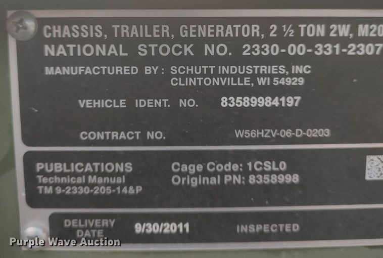 image for item LG9609 2011 Schutt Industries M200A1  utility trailer