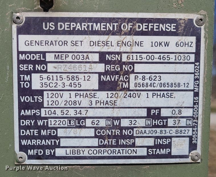 image for item LH9895 1987 U.S. Department Of Defense MEP003A  generator
