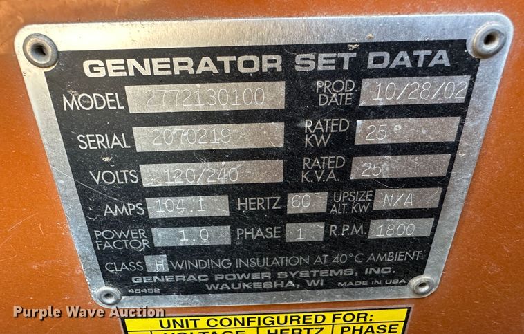 image for item LT9170 2002 Generac 2772130100  generator