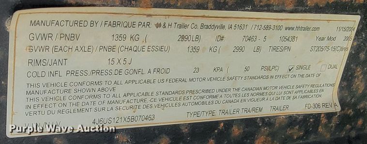 image for item LV9281 2005 H&H  utility trailer