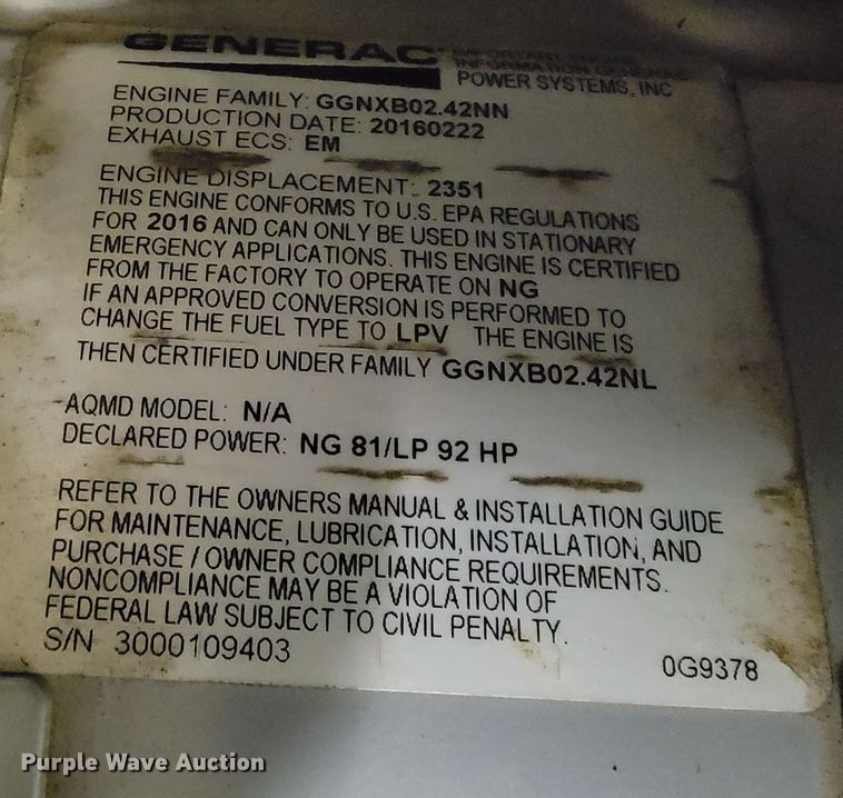 image for item LV9294 Generac RG04524GNSX  generator