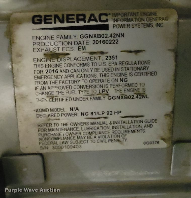 image for item LV9294 Generac RG04524GNSX  generator