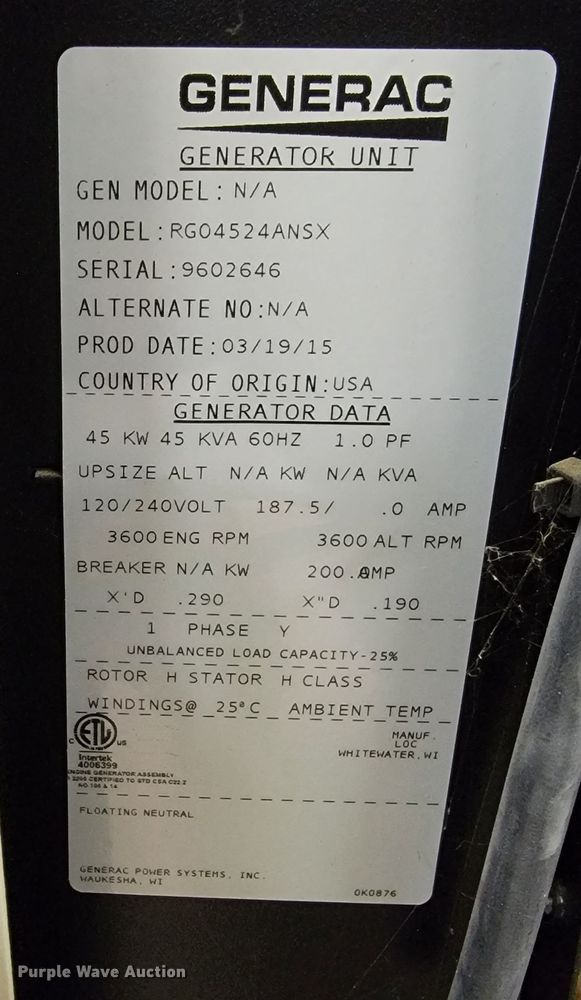 image for item LV9295 Generac RG04524ANSX  generator