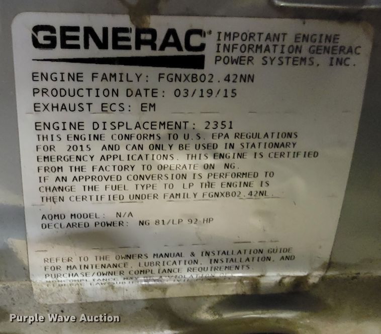 image for item LV9295 Generac RG04524ANSX  generator