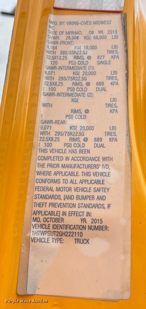 image for item MM9210 2016 International WorkStar 7500  truck cab and chassis