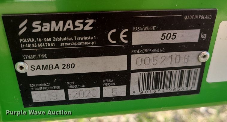 image for item LH9847 2020 Samasz Samba 280  disc mower