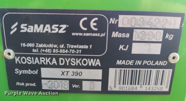 image for item LH9848 2018 Samasz XT390  disc mower