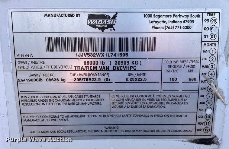 image for item DL3764 2001 Wabash  dry van trailer