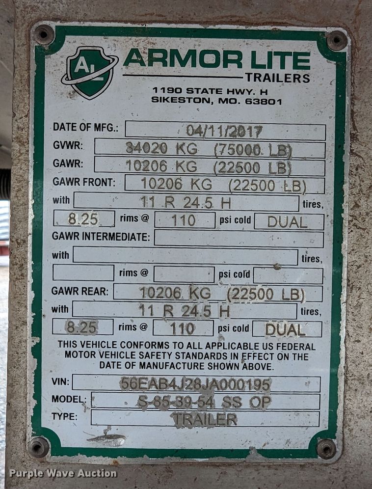 image for item DR6842 2018 Armor Lite S-85-39-54 SS OP  end dump trailer