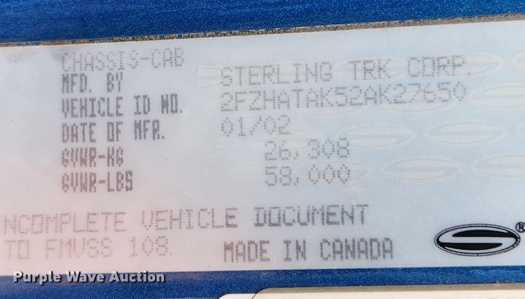 image for item JB9523 2002 Sterling L7500  crane truck