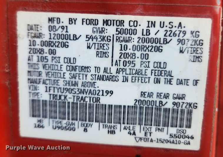 image for item JB9531 1992 Ford L9000  semi truck