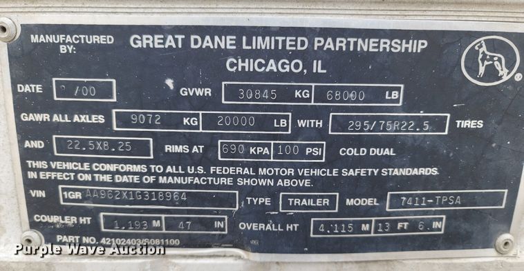 image for item ME9054 2001 Great Dane 7411-TPSA  dry van trailer