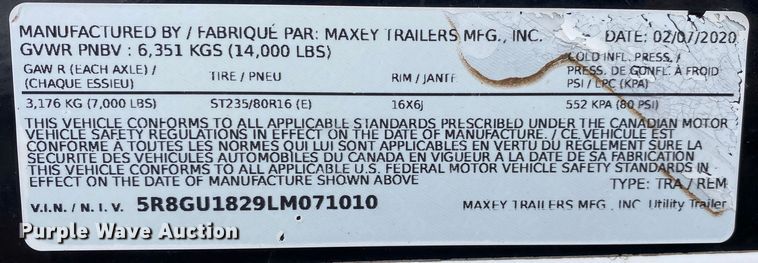 image for item DL7070 2020 Maxey Trailers  equipment trailer