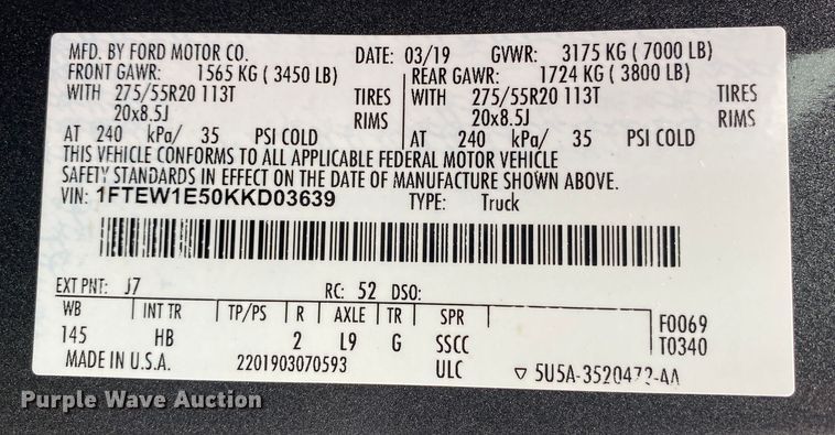 image for item DL7072 2019 Ford F150  SuperCrew pickup truck