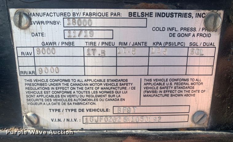 image for item DO1921 2019 Belshe BF9T  equipment trailer