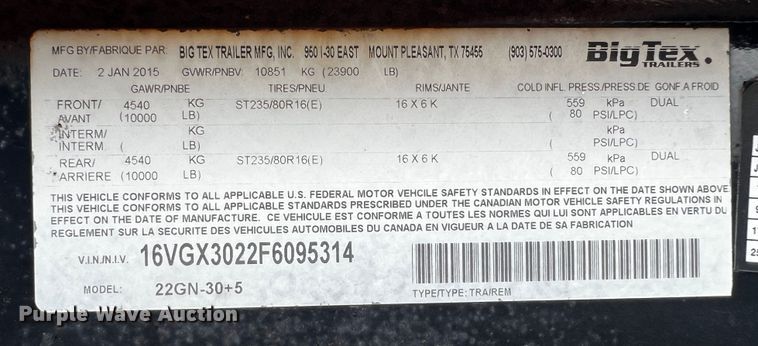 image for item DQ1988 2015 Big Tex  equipment trailer