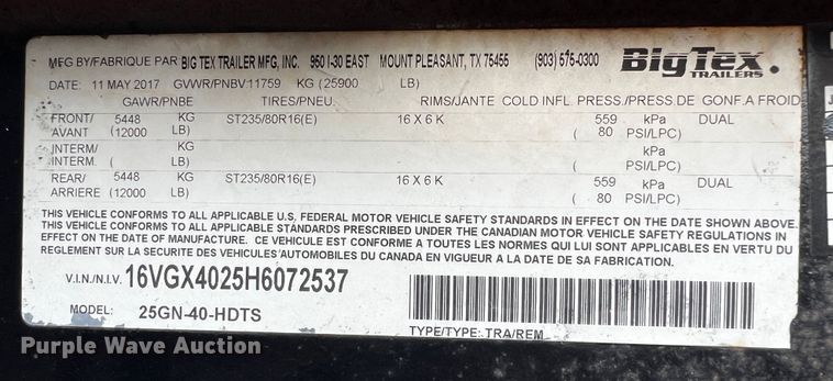 image for item DQ1989 2017 Big Tex  equipment trailer