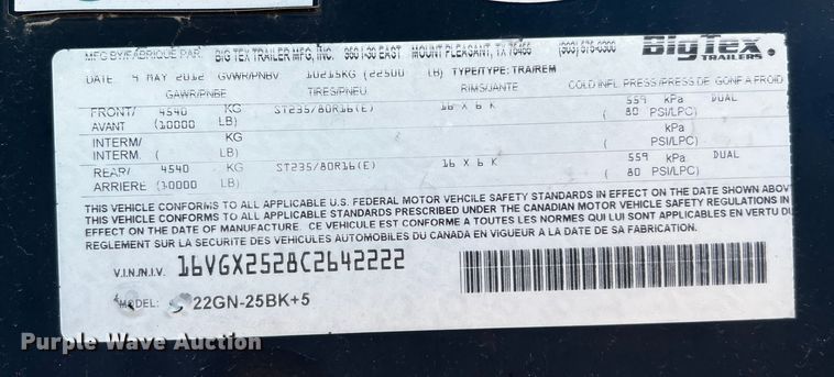 image for item DQ2005 2012 Big Tex 22GN-25BK+5  equipment trailer