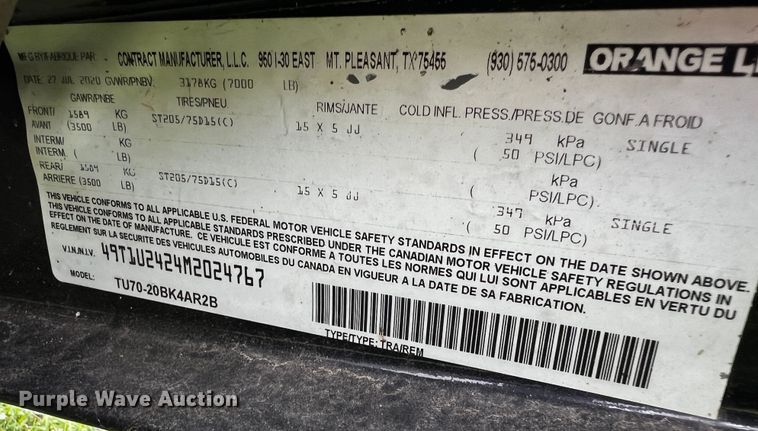 image for item DQ2014 2021 Contract Manufacturer TU70-20BK4AR2B  utility trailer