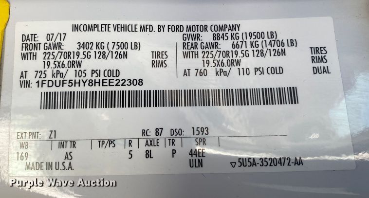 image for item KB9566 2017 Ford F550 XL  truck cab and chassis