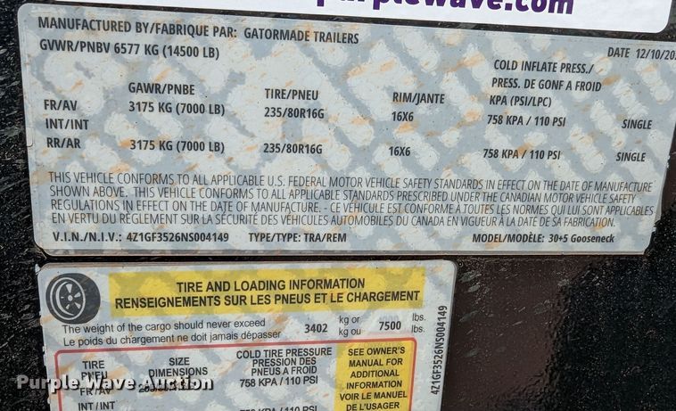 image for item LF9737 2022 Gatormade  equipment trailer