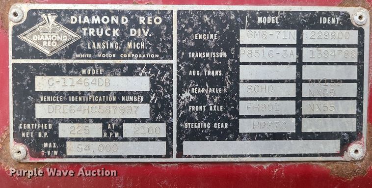 image for item LH9874 1972 Diamond Reo C-11464DB  crane truck