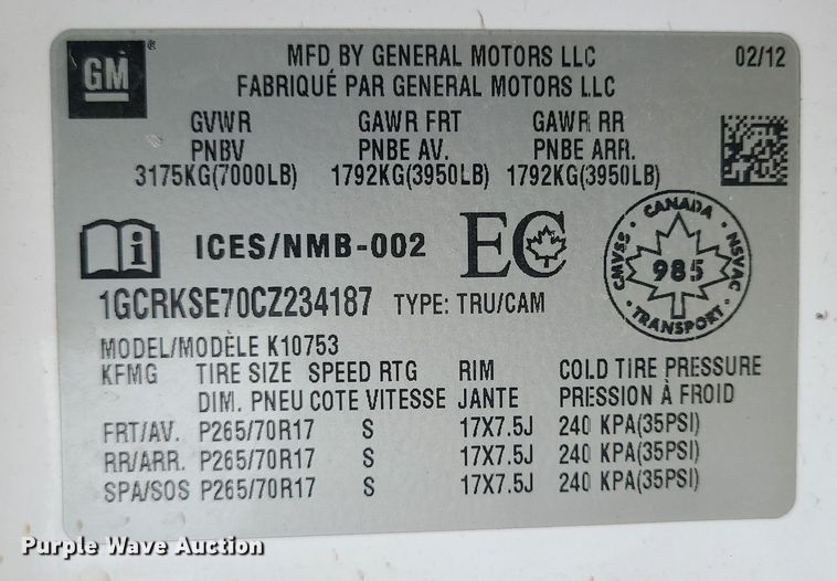 image for item LH9877 2012 Chevrolet Silverado 1500  Ext. Cab pickup truck