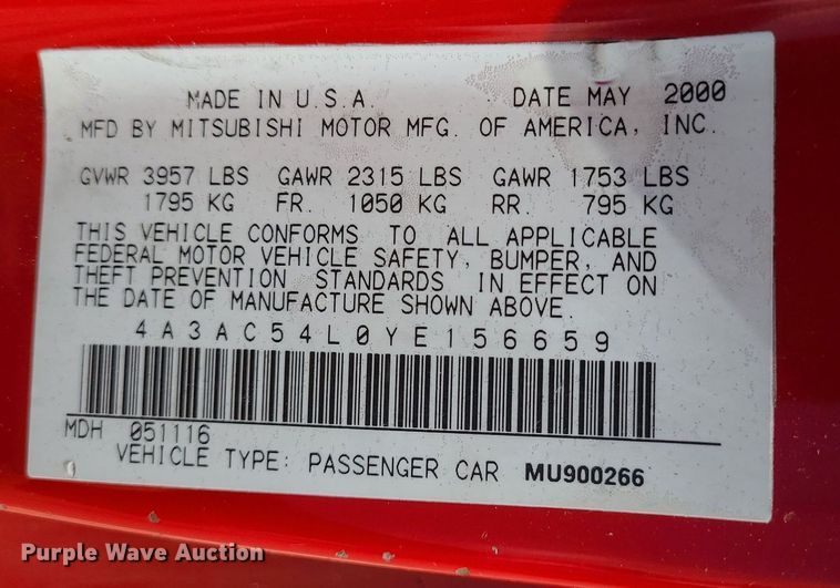 image for item LH9884 2000 Mitsubishi Eclipse GT