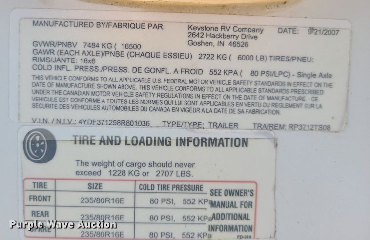 image for item LH9938 2008 Keystone RP3712  camper