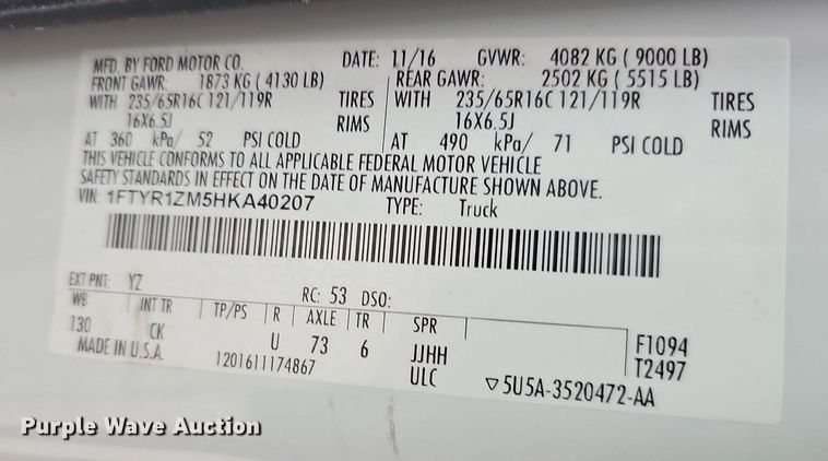 image for item MC9626 2017 Ford Transit 250  van