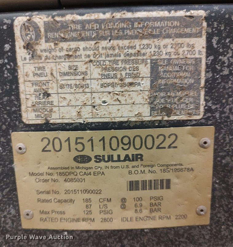 image for item DO3819 Sullair 185DPQ  air compressor