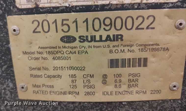 image for item DO3819 Sullair 185DPQ  air compressor