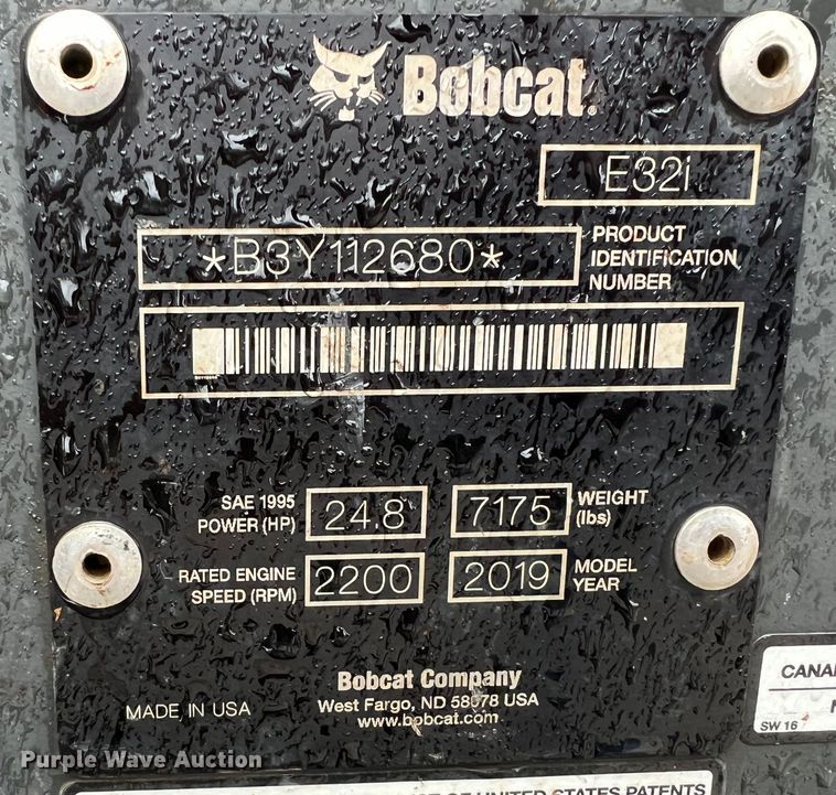 image for item KR9494 2019 Bobcat E32I  mini excavator