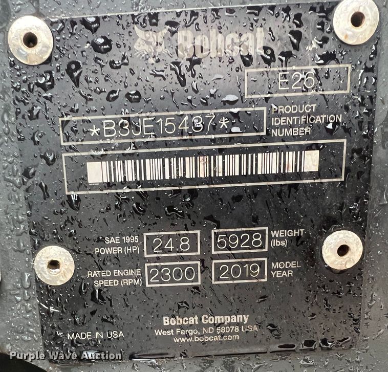 image for item KR9495 2019 Bobcat E26  mini excavator