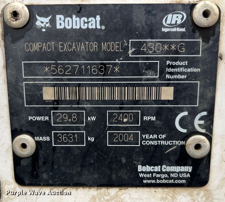 image for item LA9828 2004 Bobcat 430G ZHS  mini excavator