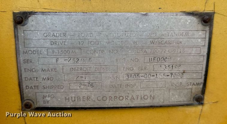 image for item LN9289 1976 Huber F-1500M  rigid frame motor grader