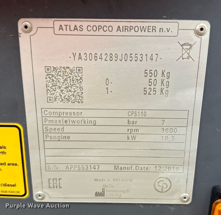 image for item LN9296 Atlas Copco CPS110  air compressor