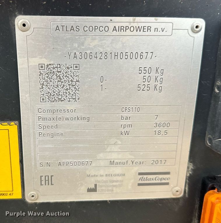 image for item LN9297 2017 Atlas Copco CPS110  air compressor