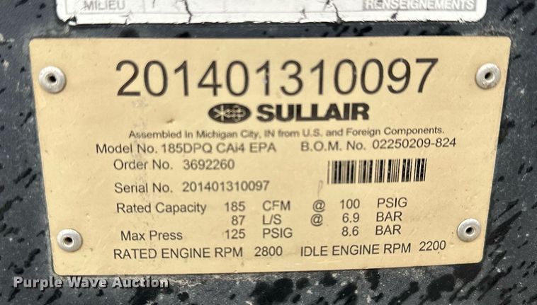 image for item LN9299 Sullair 185DPQ  air compressor