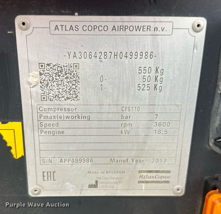 image for item LN9301 2017 Atlas Copco CPS110  air compressor