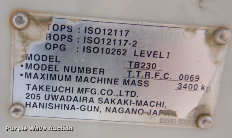 image for item MC9845 2016 Takeuchi TB230  mini excavator